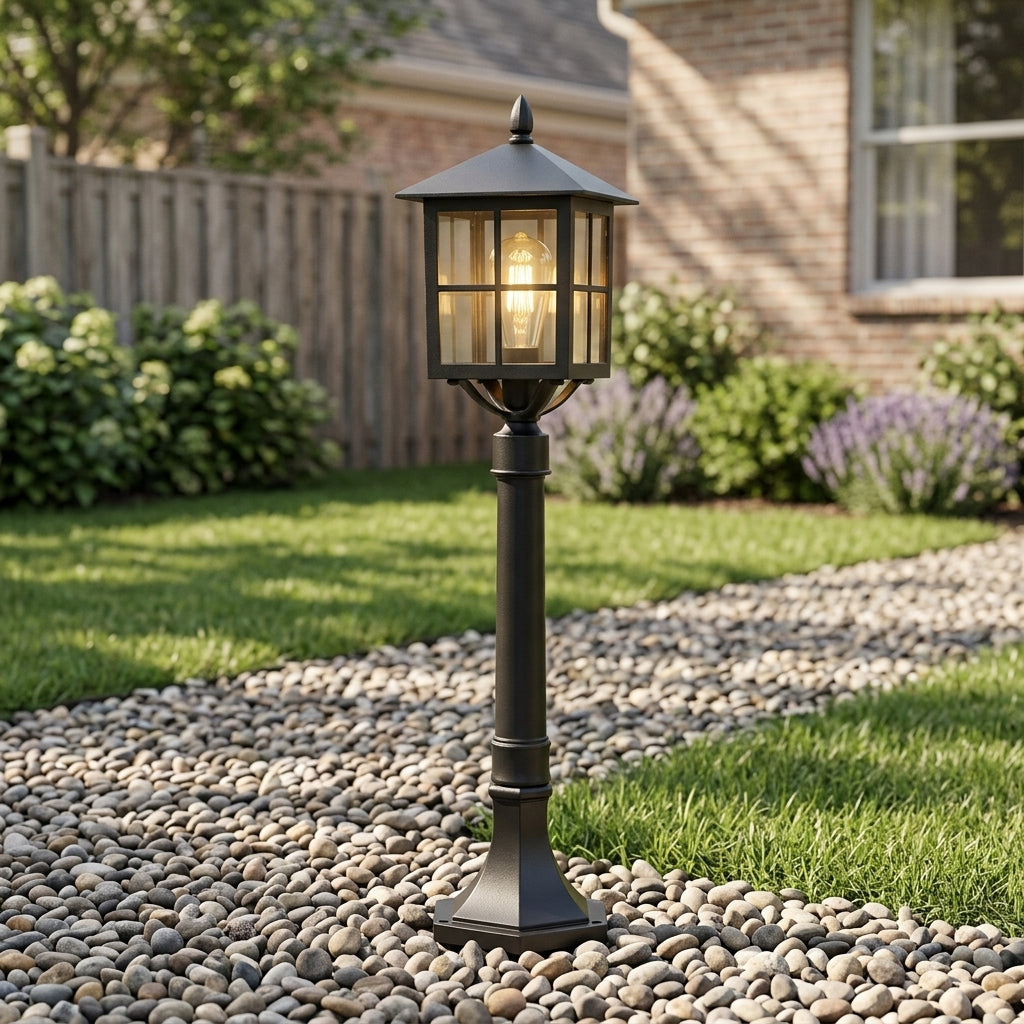 Post Retro Lantern Landscape Light - Black Die-cast Aluminum Bollard with Solar or Hardwired Power for Courtyard Paths and Framed Entries