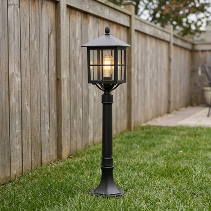 Post Retro Lantern Landscape Light - Black Die-cast Aluminum Bollard with Solar or Hardwired Power for Courtyard Paths and Framed Entries