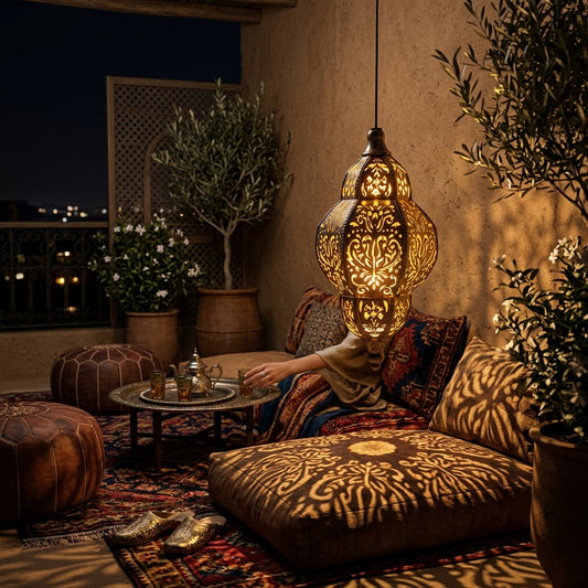 Moroccan Outdoor Lantern - Silver Wrought Iron Hollow Solar Light in Round or Long Strip Shape with 0.5W Warm LED for Patio and Terrace