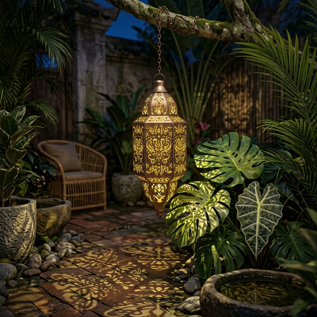 Moroccan Outdoor Lantern - Silver Wrought Iron Hollow Solar Light in Round or Long Strip Shape with 0.5W Warm LED for Patio and Terrace