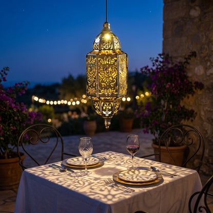 Moroccan Outdoor Lantern - Silver Wrought Iron Hollow Solar Light in Round or Long Strip Shape with 0.5W Warm LED for Patio and Terrace