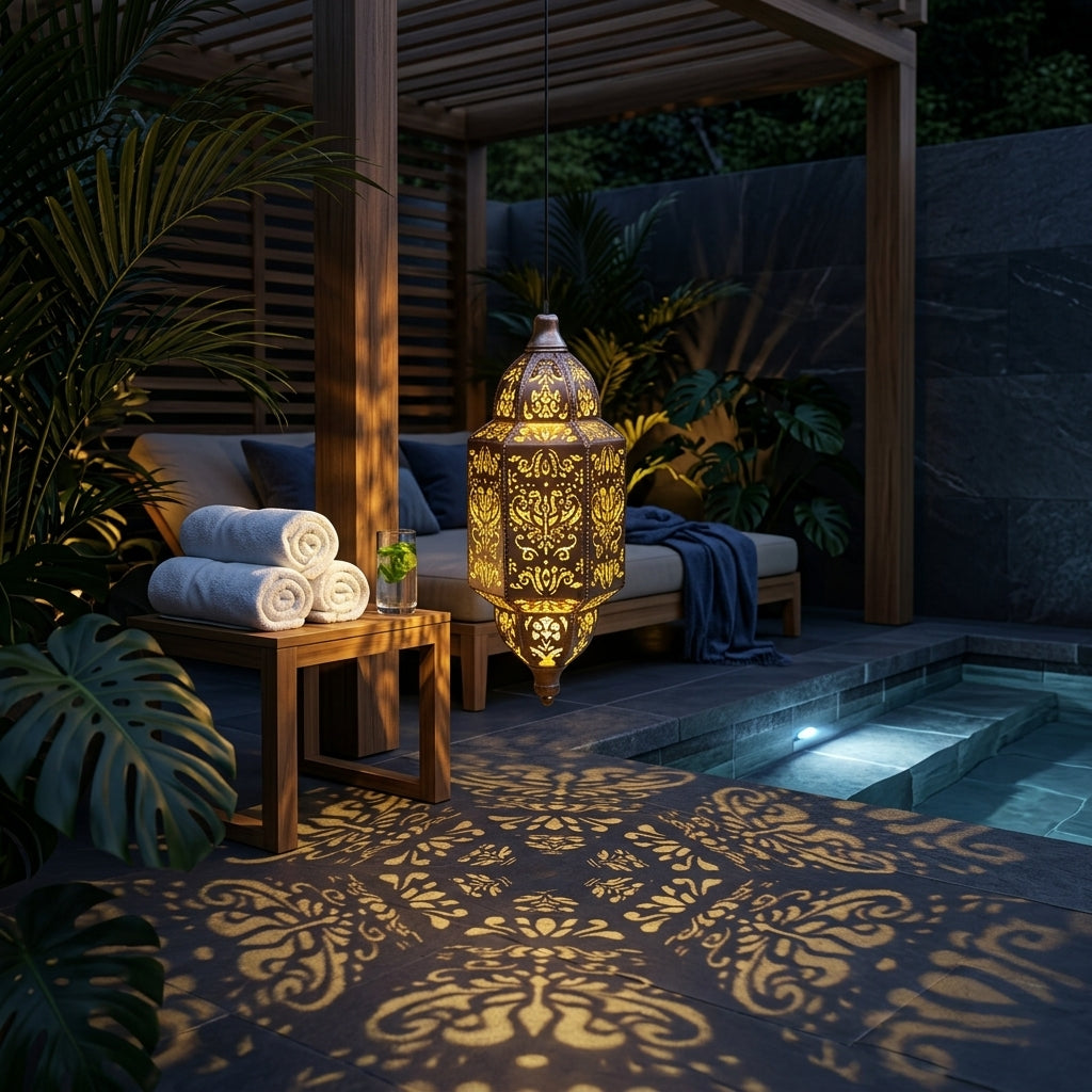 Moroccan Outdoor Lantern - Silver Wrought Iron Hollow Solar Light in Round or Long Strip Shape with 0.5W Warm LED for Patio and Terrace