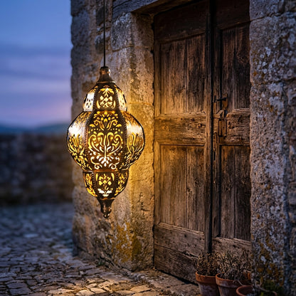 Moroccan Outdoor Lantern - Silver Wrought Iron Hollow Solar Light in Round or Long Strip Shape with 0.5W Warm LED for Patio and Terrace