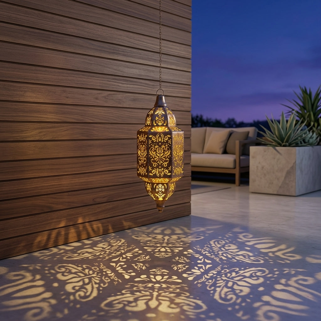 Moroccan Outdoor Lantern - Silver Wrought Iron Hollow Solar Light in Round or Long Strip Shape with 0.5W Warm LED for Patio and Terrace