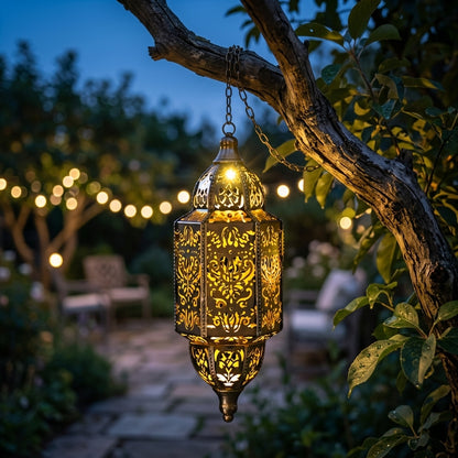 Moroccan Outdoor Lantern - Silver Wrought Iron Hollow Solar Light in Round or Long Strip Shape with 0.5W Warm LED for Patio and Terrace