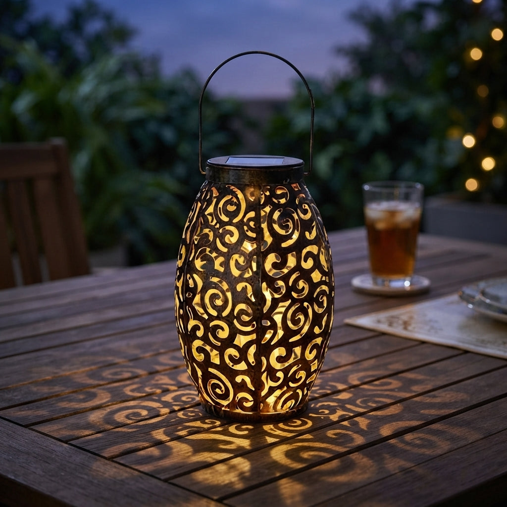 Hollow Outdoor Solar Light - Retro Red Copper Finish Iron Lantern with Dusk to Dawn Sensing and Carry Handle for Garden Paths and Camping