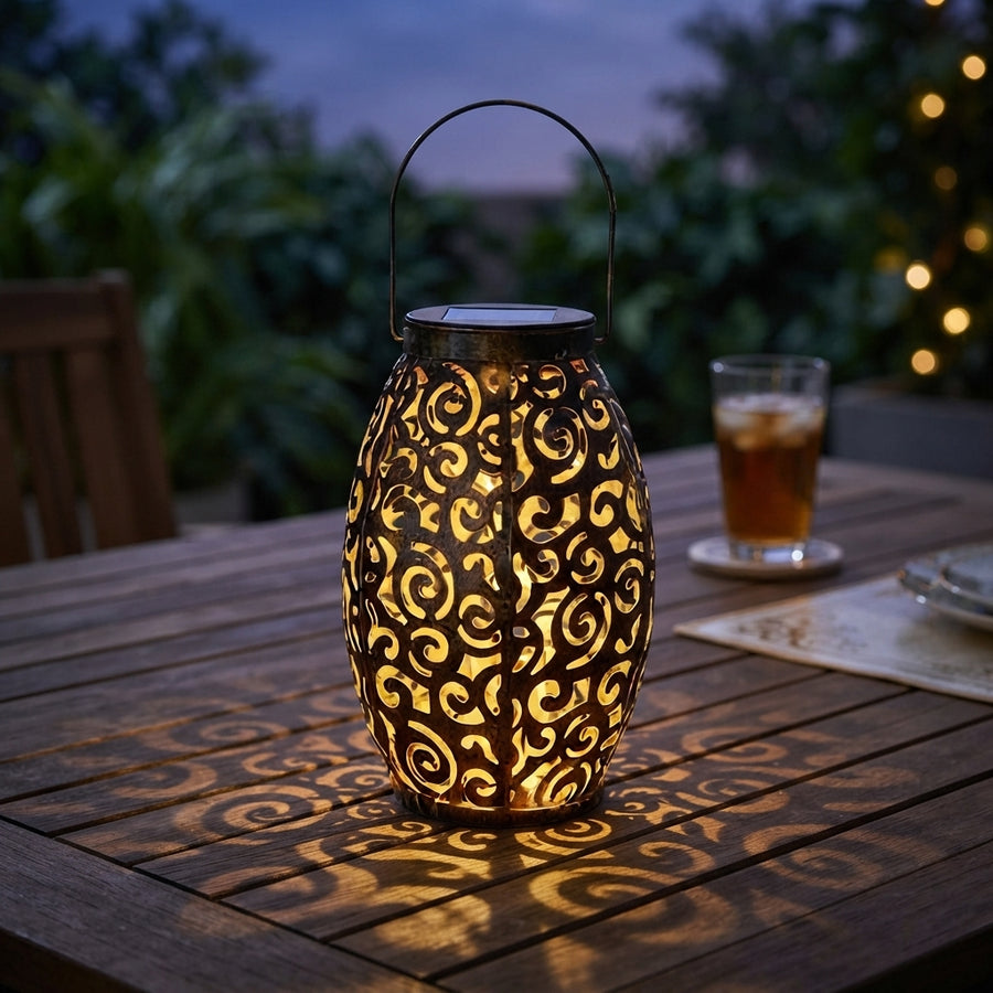 Hollow Outdoor Solar Light - Retro Red Copper Finish Iron Lantern with Dusk to Dawn Sensing and Carry Handle for Garden Paths and Camping