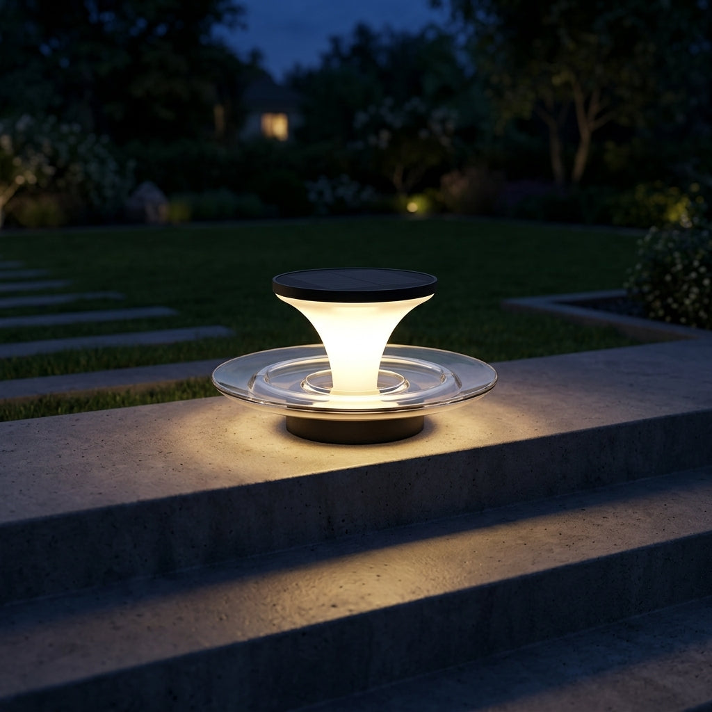 Modern Fountain Post Light - Black and Gray Stainless Steel with Glass and PC Shade, DC 12 V, 110 V or Solar, for Courtyard and Patio