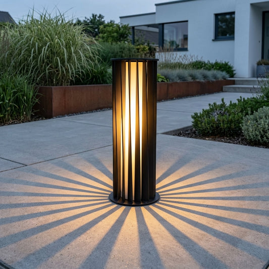 Pathway Cylindrical Landscape Light - Black Die-cast Aluminum and Acrylic Bollard in 15.7, 23.6 or 31.5 Inch Heights, Solar or Hardwired