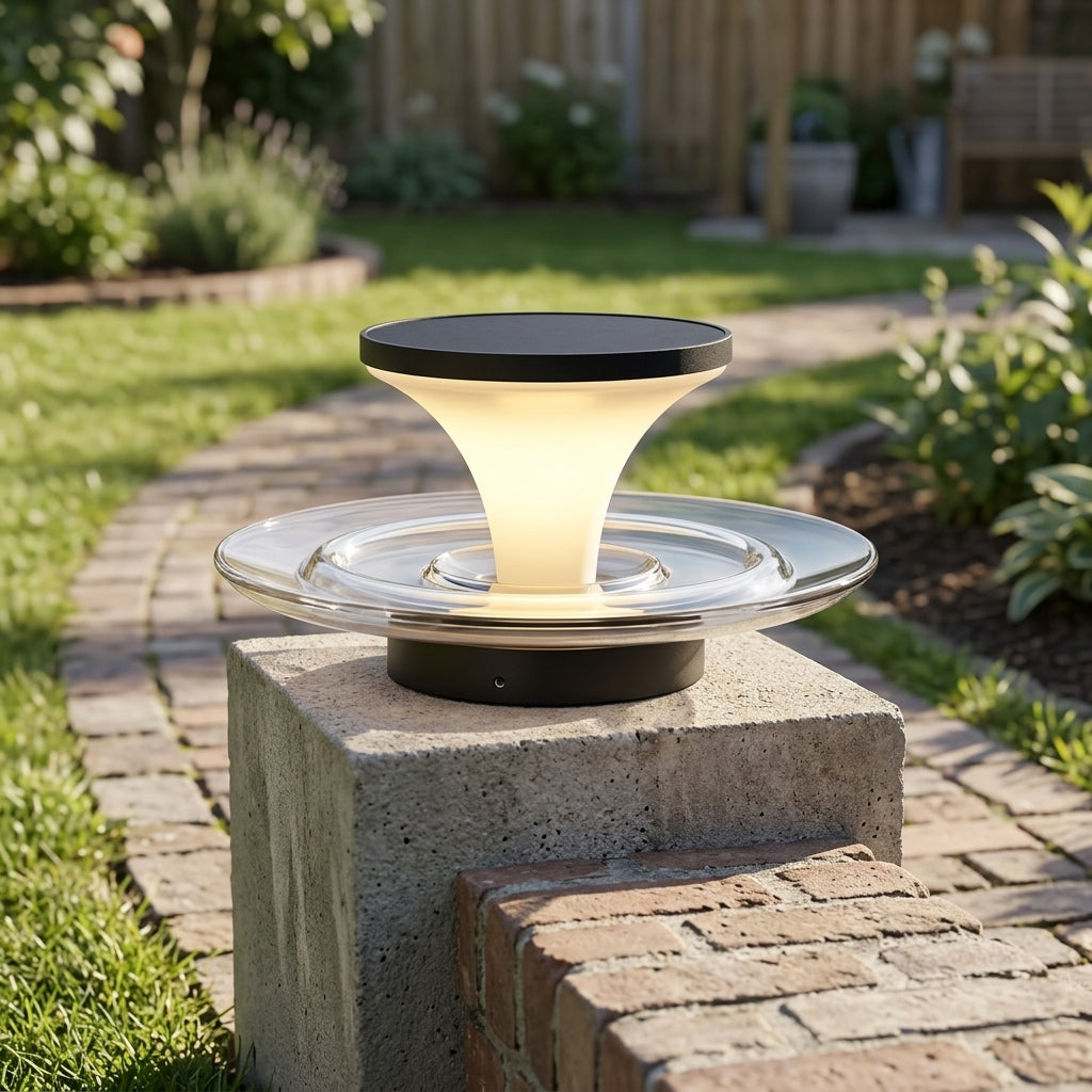 Modern Fountain Post Light - Black and Gray Stainless Steel with Glass and PC Shade, DC 12 V, 110 V or Solar, for Courtyard and Patio