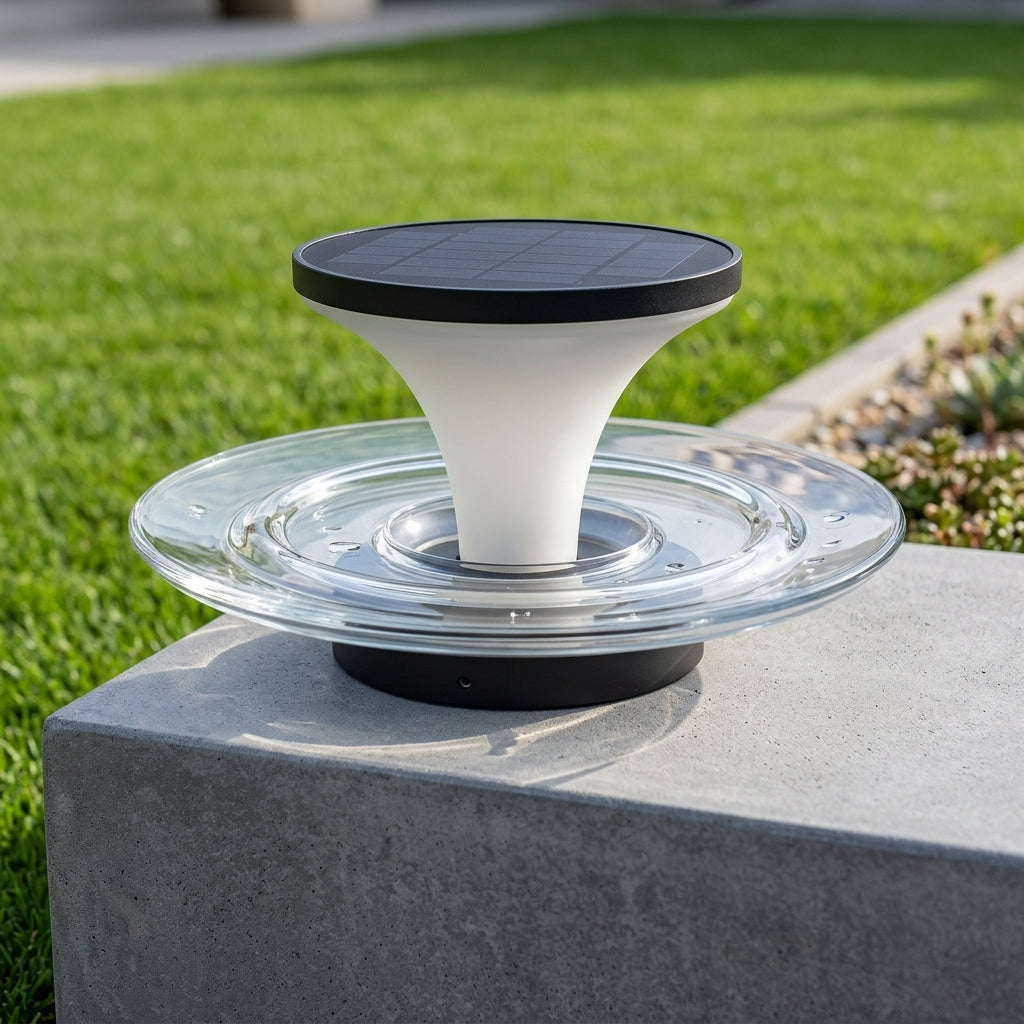 Modern Fountain Post Light - Black and Gray Stainless Steel with Glass and PC Shade, DC 12 V, 110 V or Solar, for Courtyard and Patio