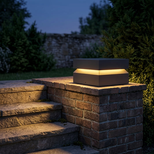 Square Modern Post Light - Black Stainless Steel Industrial Lantern in 9.8, 11.8 and 15.7 Inch Widths, Solar or Hardwired, for Courtyards