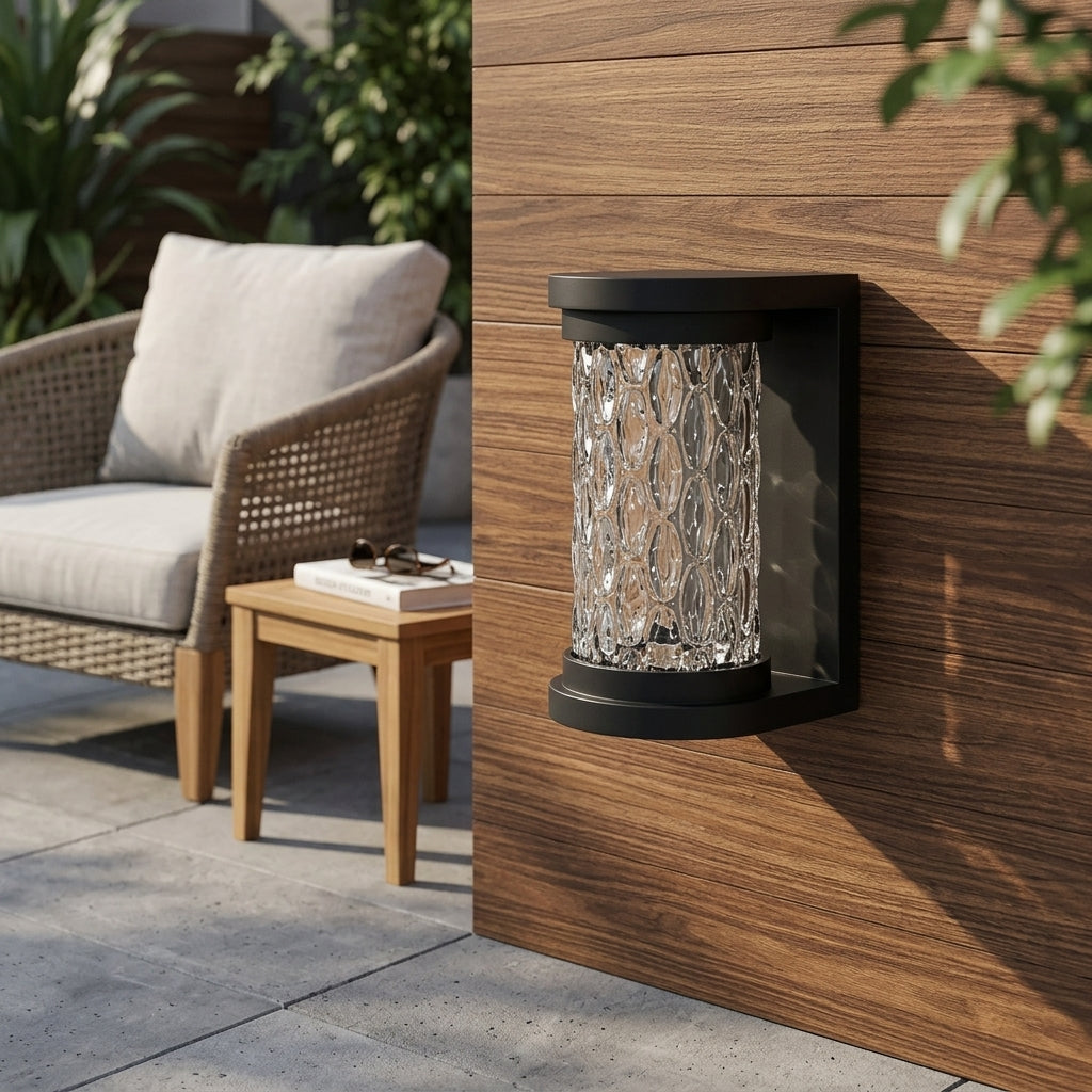 Porch Modern Wall Light - Black Stainless Steel and Glass Sconce with Down or Up and Down Beams at 8.27 or 11.02 Inches, Solar or Hardwired
