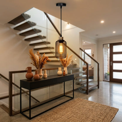 Industrial Iron Cage Pendant Light - Powder-Coated Open Cage Shade with E27 Base and Slim Cord for Kitchen Islands, Dining Rooms and Cafes