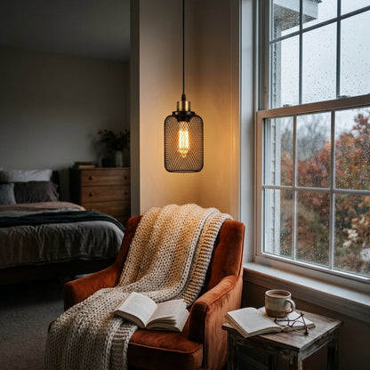 Industrial Iron Cage Pendant Light - Powder-Coated Open Cage Shade with E27 Base and Slim Cord for Kitchen Islands, Dining Rooms and Cafes