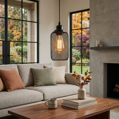 Industrial Iron Cage Pendant Light - Powder-Coated Open Cage Shade with E27 Base and Slim Cord for Kitchen Islands, Dining Rooms and Cafes