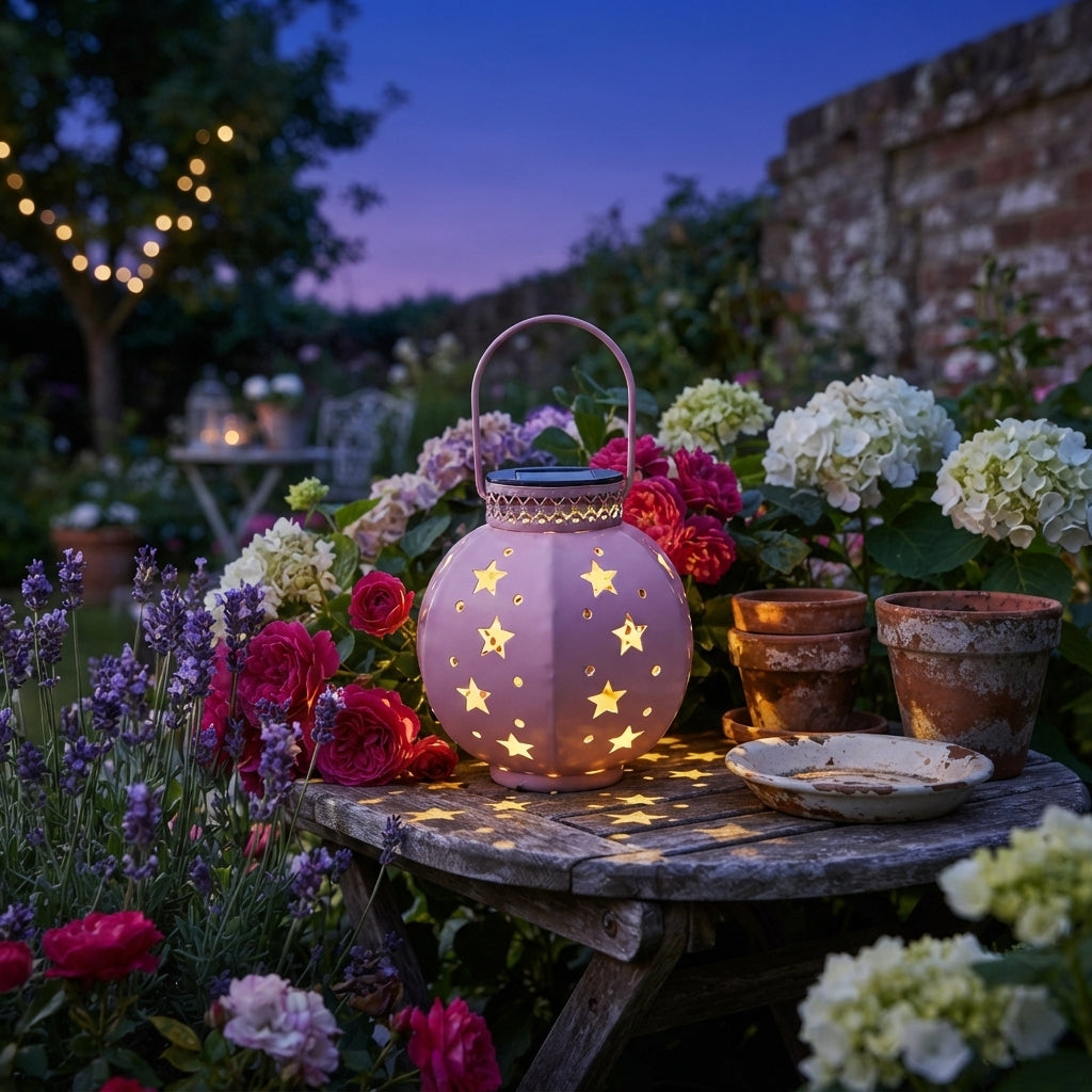 Star Projection Solar Lantern - Rustproof Iron Hanging Light with Warm White 3000K LED in Blue, White, Pink or Green for Porch and Garden
