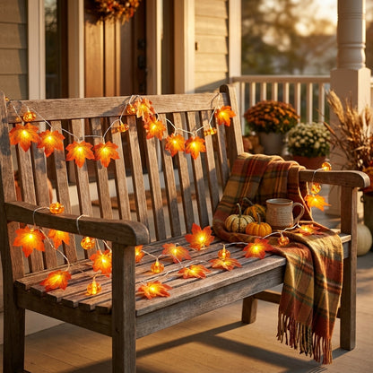 Pumpkin and Maple Leaf Autumn String Lights - Warm White Cool-Touch Strand in Two Lengths for Mantels, Windows, Table Runners and Doorways