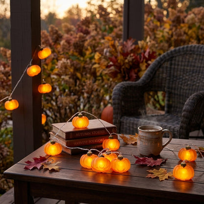 Pumpkin and Maple Leaf Halloween String Lights - Pumpkin, Acorn and Leaf Motifs in 10 or 20 LED Strands and Two Styles for Doorways and Bars