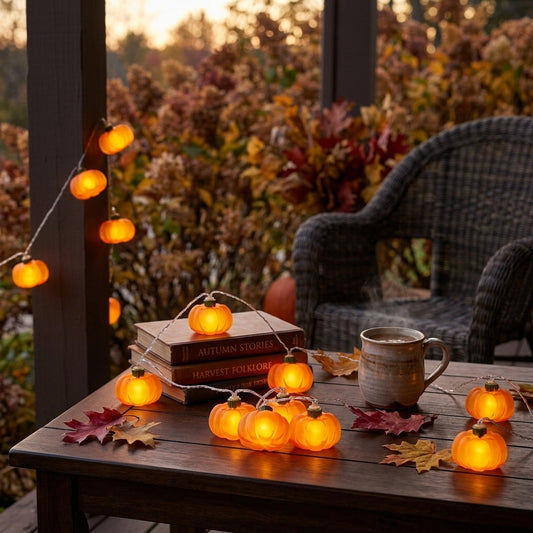 Pumpkin and Maple Leaf Halloween String Lights - Pumpkin, Acorn and Leaf Motifs in 10 or 20 LED Strands and Two Styles for Doorways and Bars