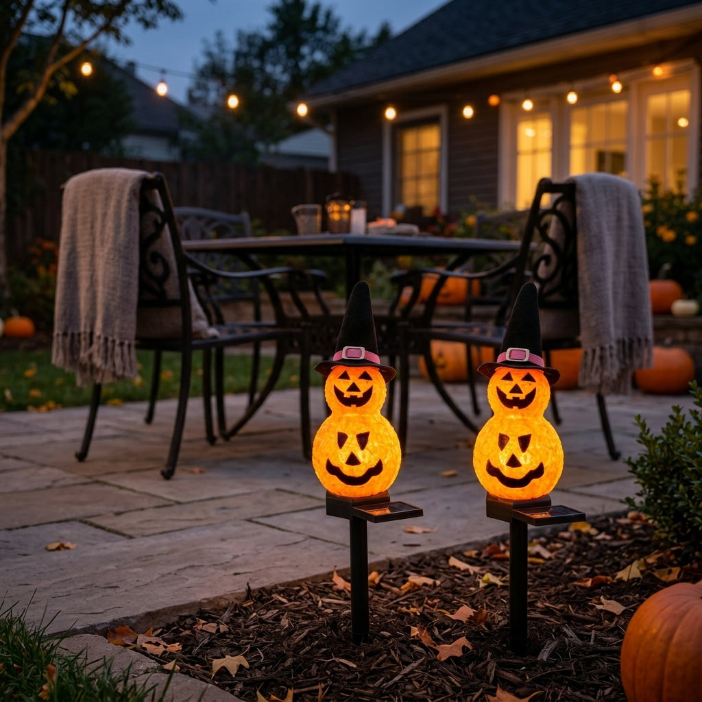 Pumpkin Witch Hat Solar Stake Lights - Warm Glowing Halloween Stakes with Automatic Dusk Operation for Paths, Lawns and Borders