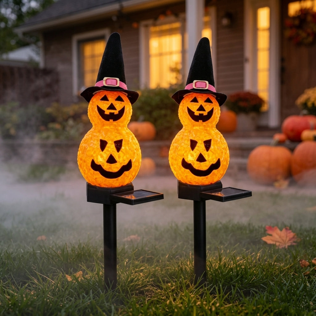 Pumpkin Witch Hat Solar Stake Lights - Warm Glowing Halloween Stakes with Automatic Dusk Operation for Paths, Lawns and Borders