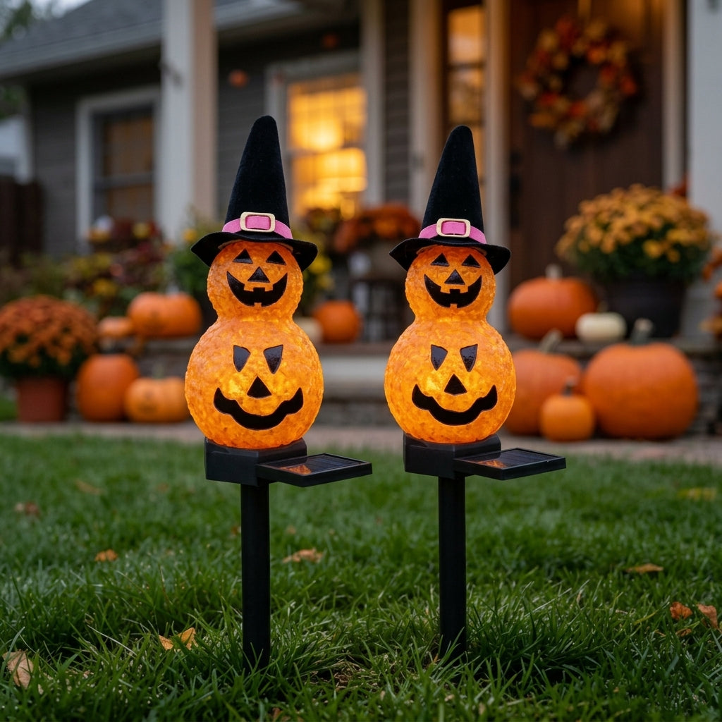 Pumpkin Witch Hat Solar Stake Lights - Warm Glowing Halloween Stakes with Automatic Dusk Operation for Paths, Lawns and Borders
