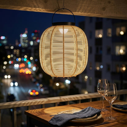 Outdoor Solar Lantern - Beige Iron and Imitation Wicker Light with 7W Warm White 3000K LED and IP65 Rating in Two Sizes for Courtyards
