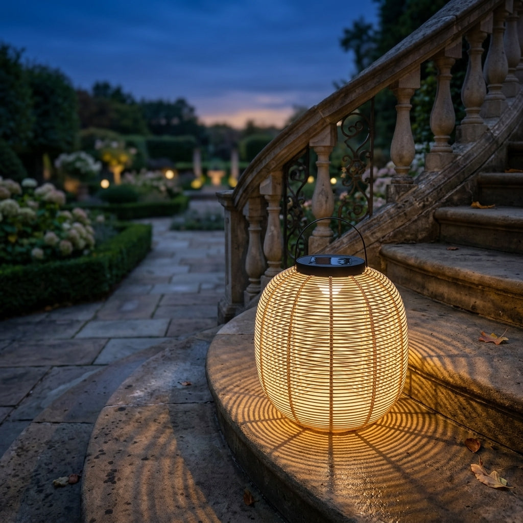 Outdoor Solar Lantern - Beige Iron and Imitation Wicker Light with 7W Warm White 3000K LED and IP65 Rating in Two Sizes for Courtyards