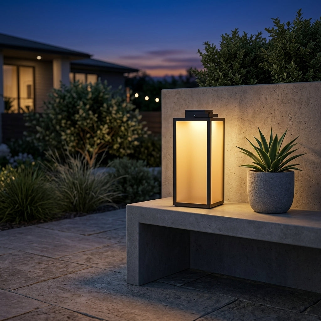 Square Solar Lantern - Black Stainless Steel and PC Portable Light with Warm White 3000K LED, IP65 Rating and 15.7 Inch Height, Open-Box