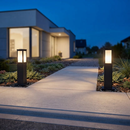 Post Square Modern Landscape Light - Black Iron and Acrylic Bollard Column in 17.7 and 23.6 Inch Heights for Industrial Courtyards