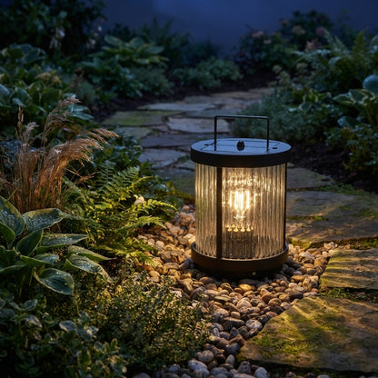 Outdoor Solar Lantern - Striped Glass Cylinder with Stainless Steel Handle in 8 and 12 Inch Widths, Solar or Hardwired, IP54 Rated