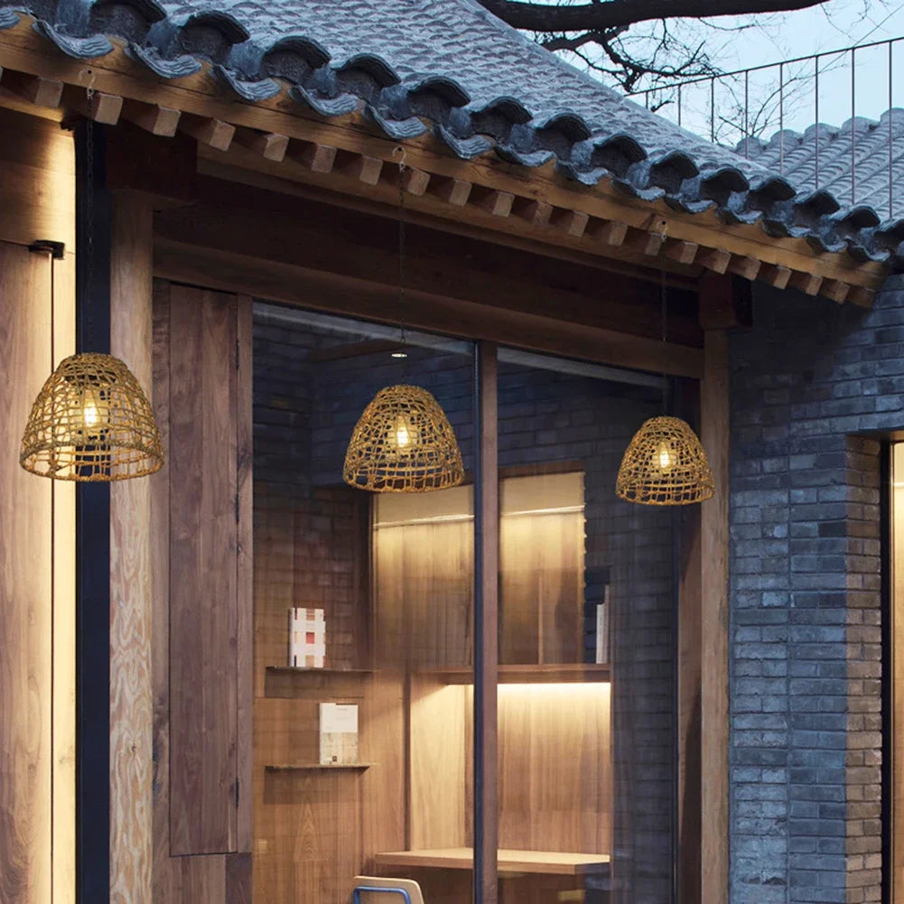 Solar Bamboo Lantern Pendant Light - Hanging Rattan or Iron Solar Lantern with Warm LED Glow for Courtyard, Patio and Evening Gatherings