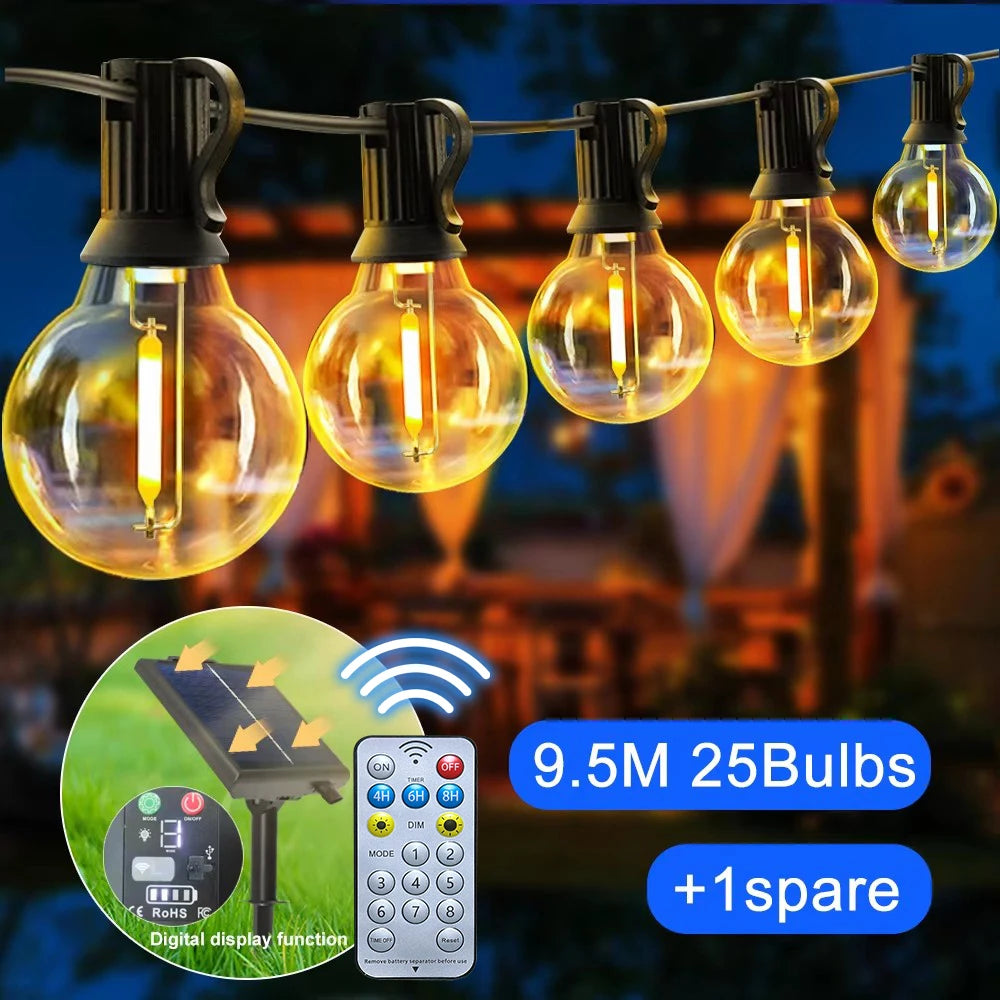 Solar Globe String Lights - Weatherproof LED Bulb Strands from 7 m with 11 Bulbs to 30 m with 50 Bulbs for Courtyard, Patio and Gatherings