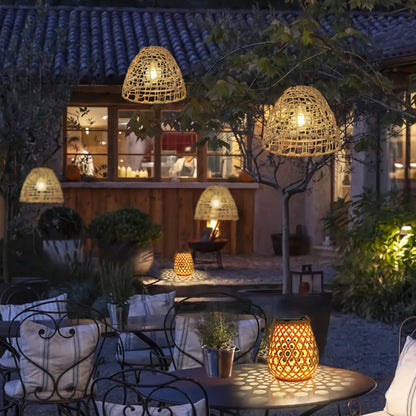 Solar Bamboo Lantern Pendant Light - Hanging Rattan or Iron Solar Lantern with Warm LED Glow for Courtyard, Patio and Evening Gatherings
