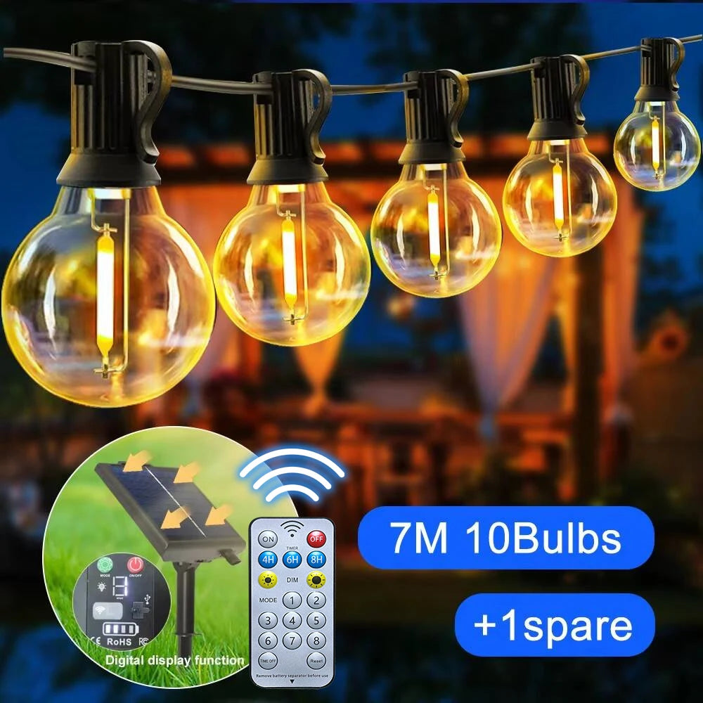 Solar Globe String Lights - Weatherproof LED Bulb Strands from 7 m with 11 Bulbs to 30 m with 50 Bulbs for Courtyard, Patio and Gatherings