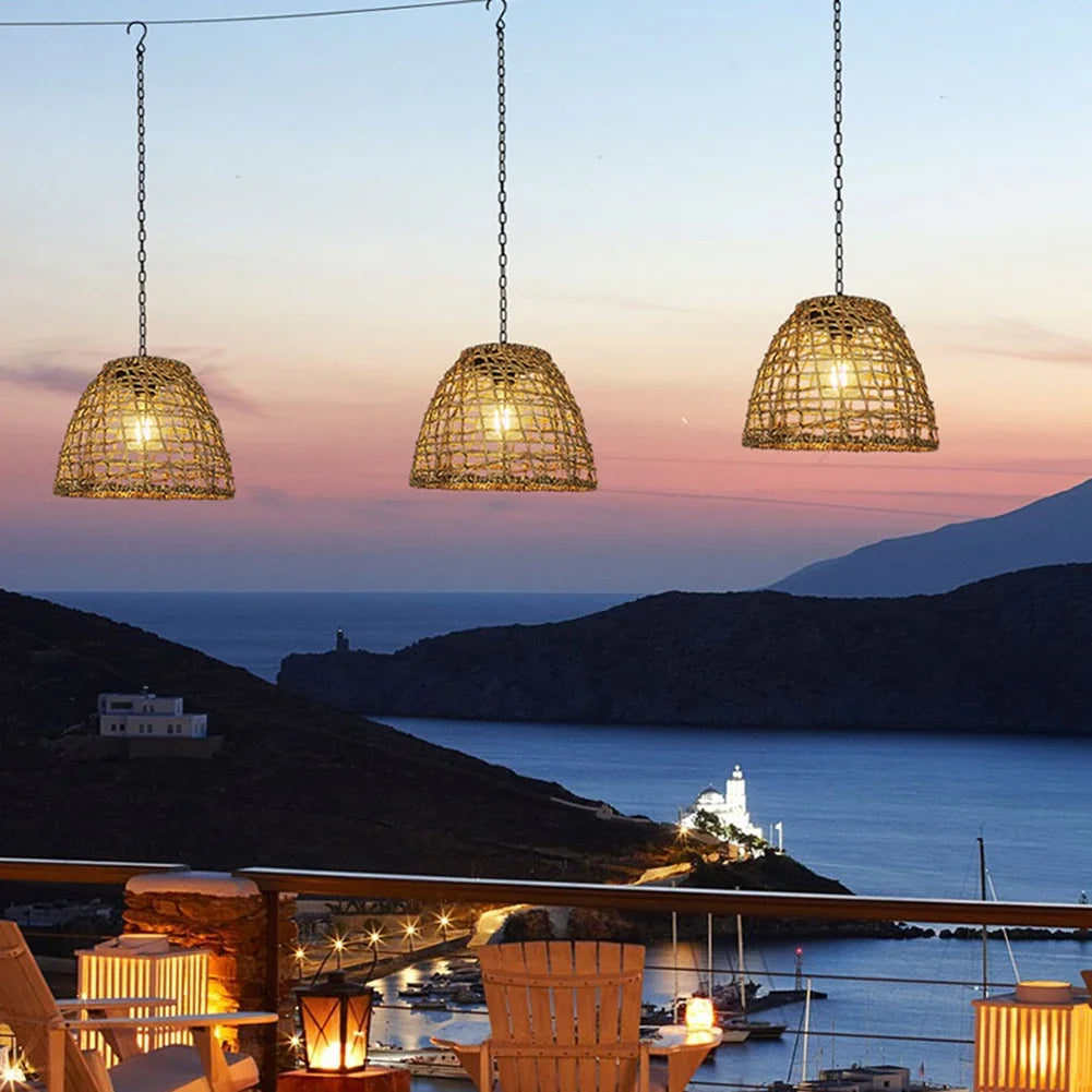 Solar Bamboo Lantern Pendant Light - Hanging Rattan or Iron Solar Lantern with Warm LED Glow for Courtyard, Patio and Evening Gatherings