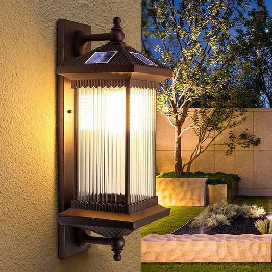 Traditional Solar Lantern Wall Light - Coffee Finish Aluminum and Acrylic Solar Sconce with Warm LED Glow for Patio, Porch and Entryways