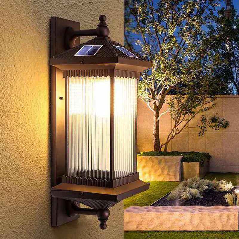 Traditional Solar Lantern Wall Light - Coffee Finish Aluminum and Acrylic Solar Sconce with Warm LED Glow for Patio, Porch and Entryways