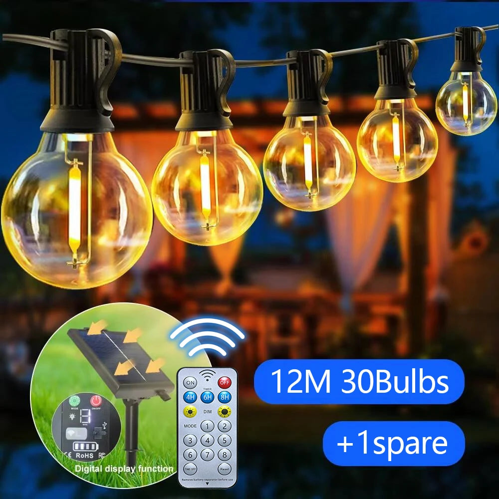Solar Globe String Lights - Weatherproof LED Bulb Strands from 7 m with 11 Bulbs to 30 m with 50 Bulbs for Courtyard, Patio and Gatherings
