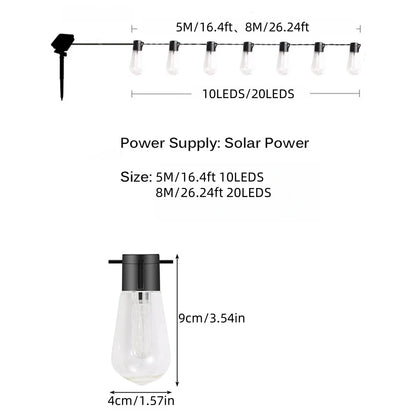 Solar Bulb String Lights - Weatherproof Warm White Retro Bulbs in 5m 10 LED or 8m 20 LED Runs for Patio, Balcony, Campsite and Garden