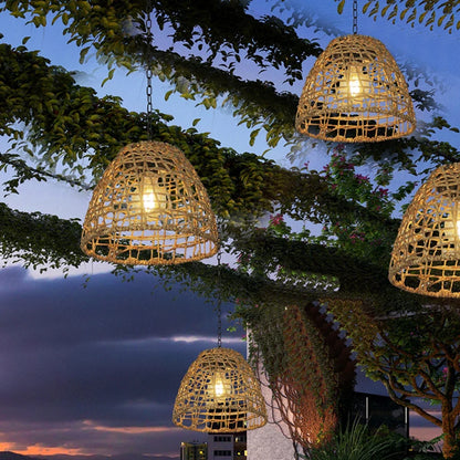 Solar Bamboo Lantern Pendant Light - Hanging Rattan or Iron Solar Lantern with Warm LED Glow for Courtyard, Patio and Evening Gatherings