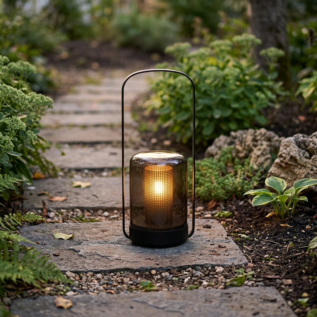 Cylinder Solar Lantern - Black Stainless Steel and Glass Tube Light with Warm Solar Glow for Bedroom, Courtyard and Patio Tabletops