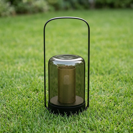 Cylinder Solar Lantern - Black Stainless Steel and Glass Tube Light with Warm Solar Glow for Bedroom, Courtyard and Patio Tabletops