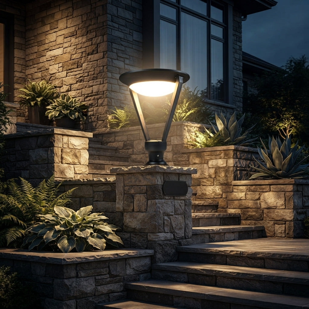 Modern Conical Post Light - Die-Cast Aluminum Tapered Cap in Hollow Round, Square or Striped Shapes, Cool or Warm White, Solar or Wired