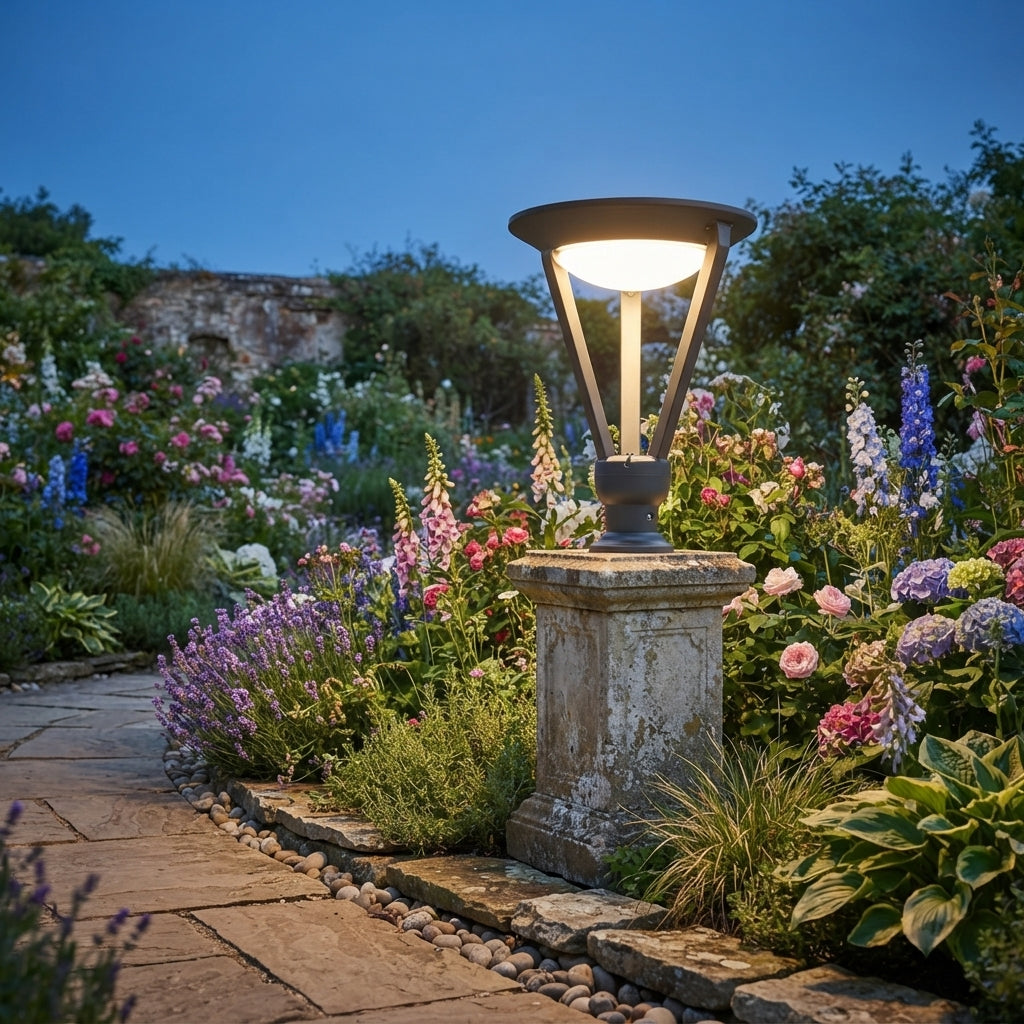 Modern Conical Post Light - Die-Cast Aluminum Tapered Cap in Hollow Round, Square or Striped Shapes, Cool or Warm White, Solar or Wired
