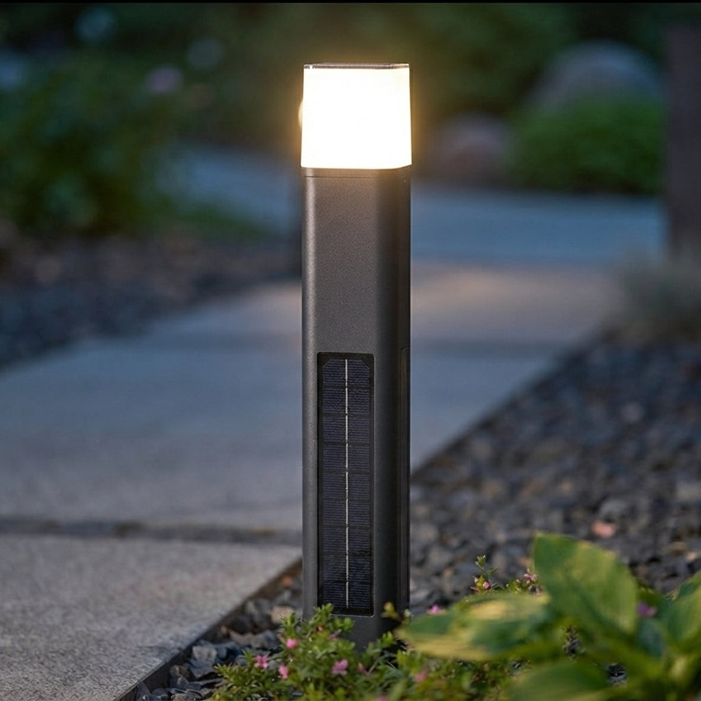 Pathway Bollard Modern Landscape Light - Black Aluminum and PC Minimalist Post with Solar LED Glow for Courtyard, Garden and Patio Walks