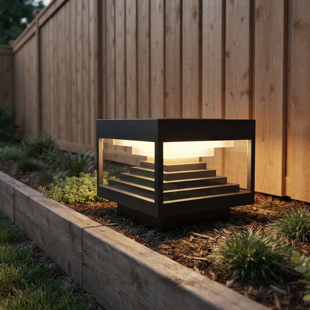 Square Geometric Modern Post Light - Black Stainless Steel Post Cap from 7.9 to 19.7 Inches, Solar or Hardwired, for Fences and Gardens