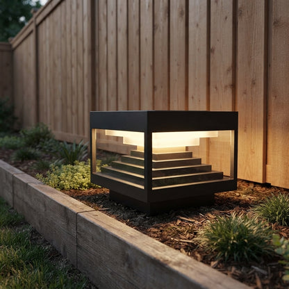 Square Geometric Modern Post Light - Black Stainless Steel Post Cap from 7.9 to 19.7 Inches, Solar or Hardwired, for Fences and Gardens