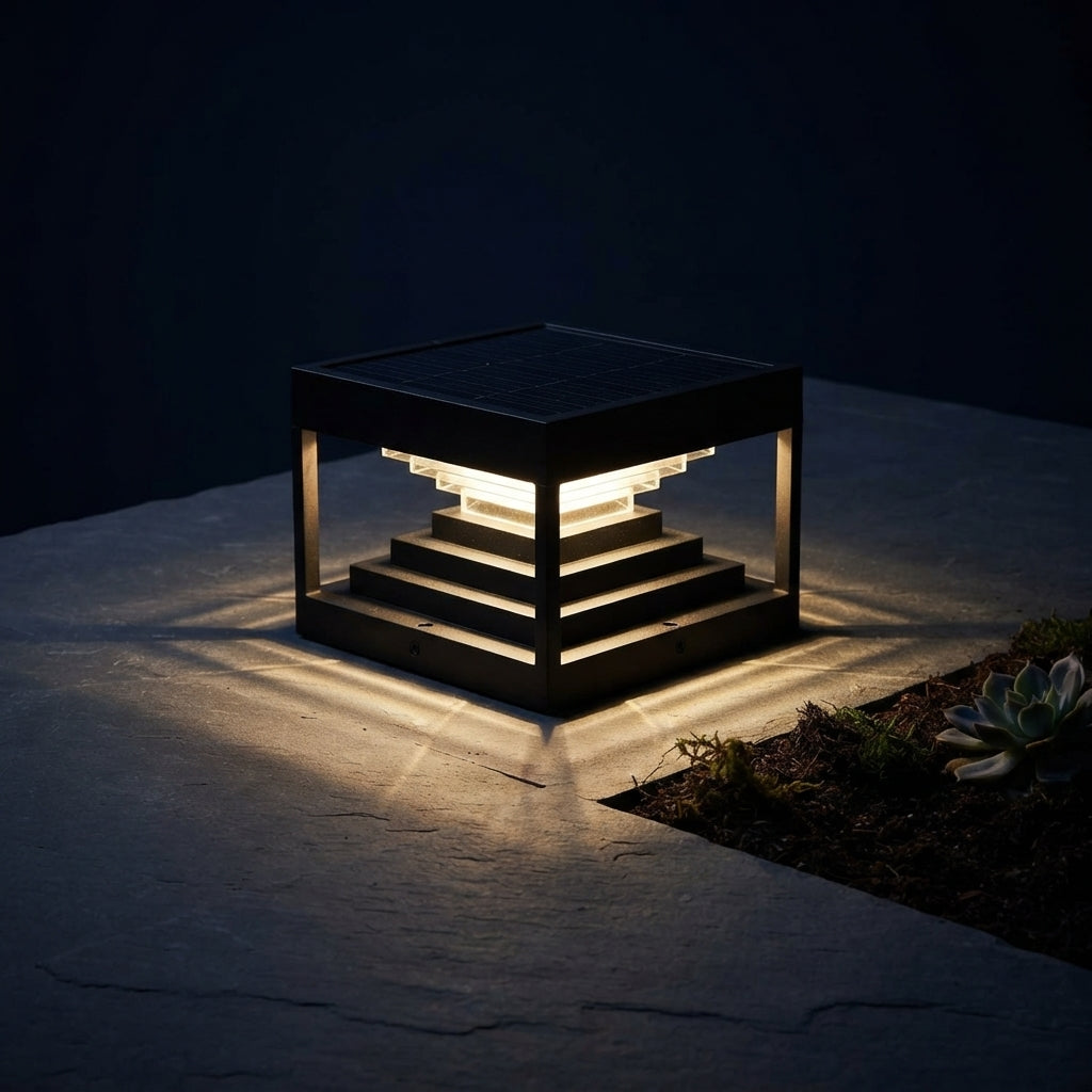 Square Geometric Modern Post Light - Black Stainless Steel Post Cap from 7.9 to 19.7 Inches, Solar or Hardwired, for Fences and Gardens